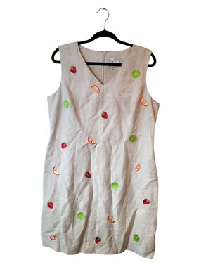 Sleeveless Embroidered Fruit Midi Dress - Beige